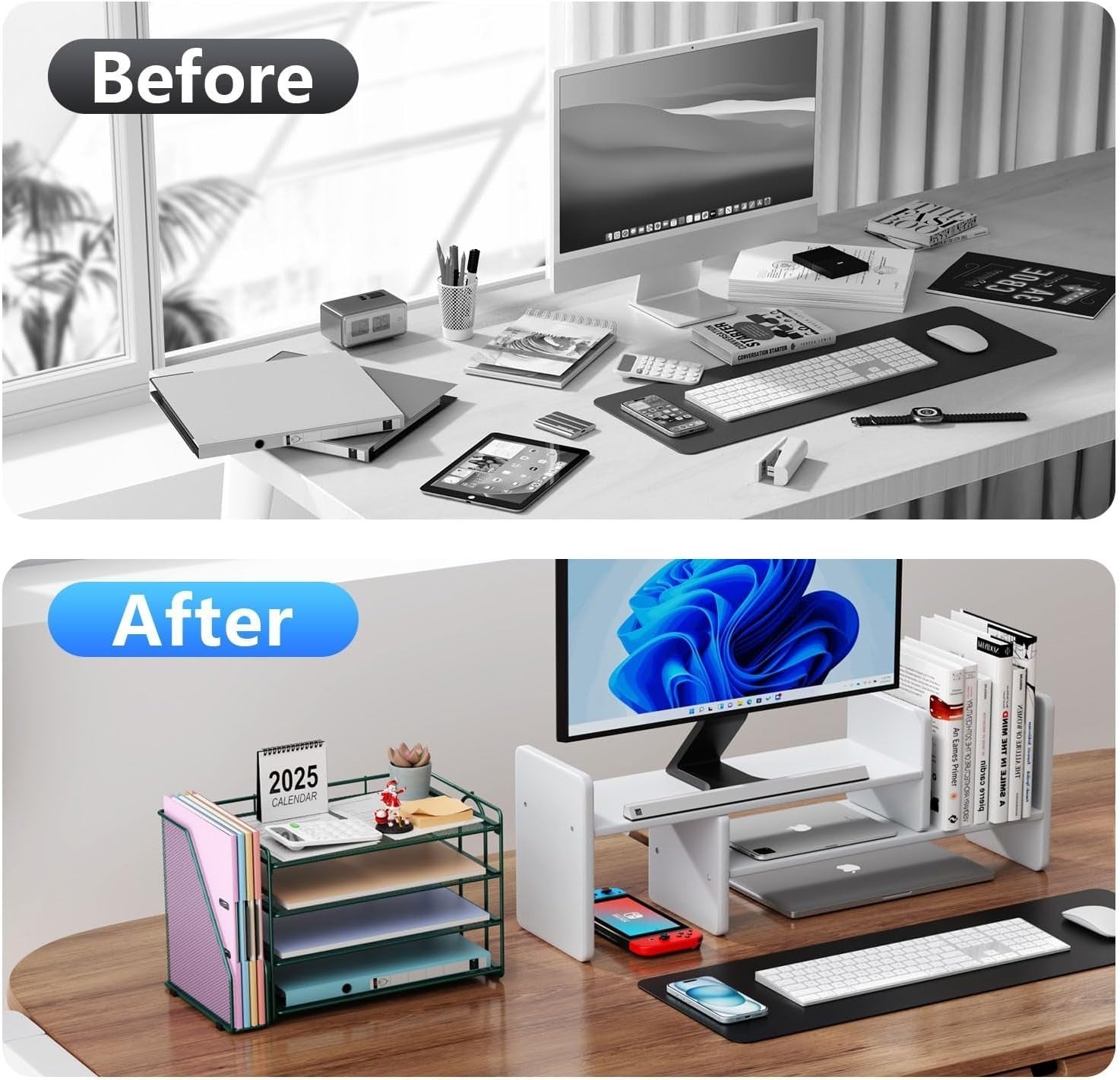 4-Tier Desk Organizer with Magazine Rack – Metal File & Paper Storage, Green