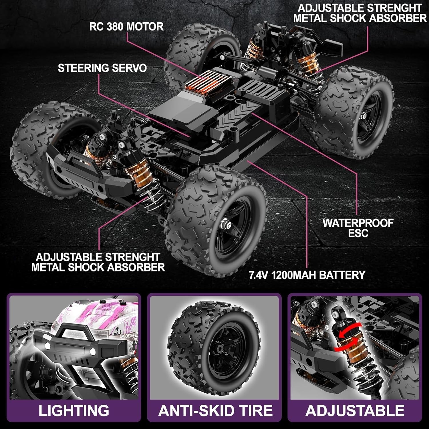 1:18 Pink RC Car for Girls 40KM/H 4WD Off-Road Truck Dual Battery Toy