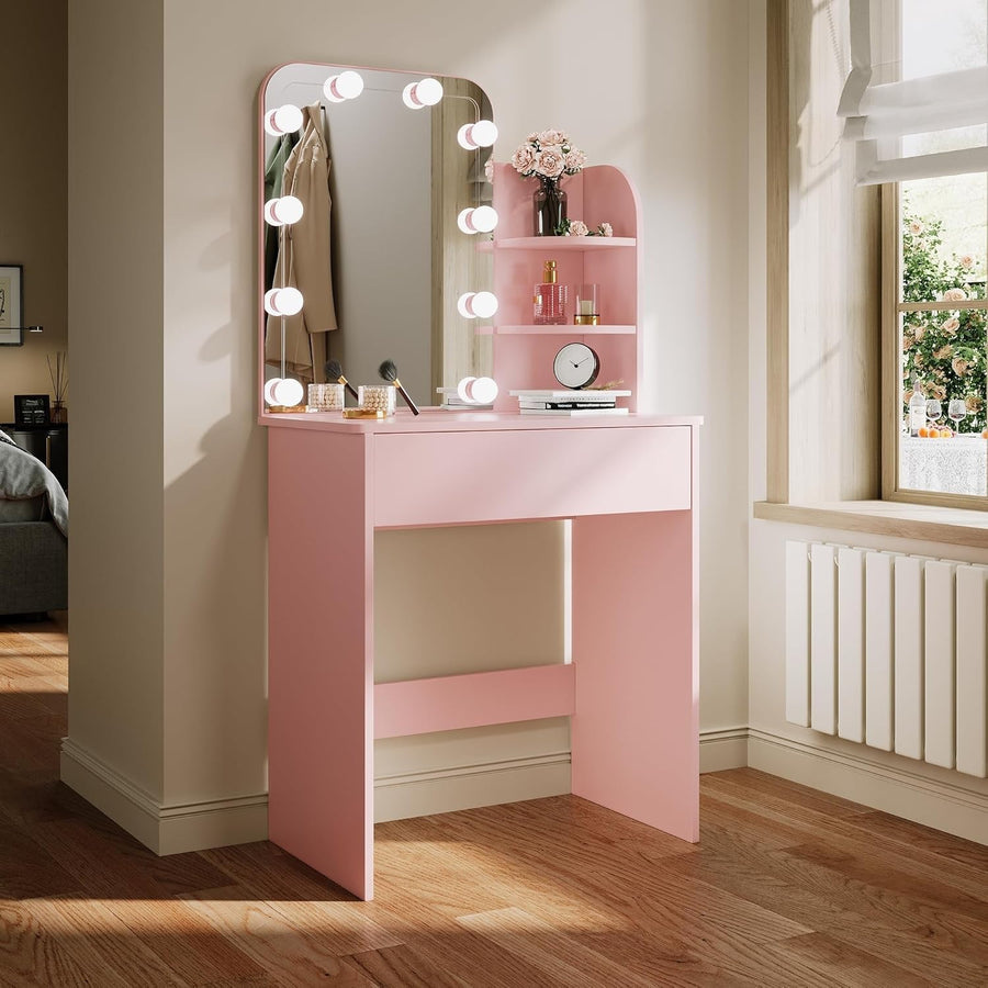 Pink Vanity Makeup Dressing Table Mirror Set Hollywood LED Lights Drawer 66x140c