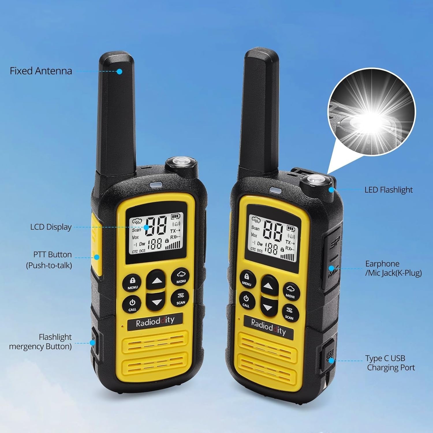Kids Walkie Talkies Rechargeable PMR446 Long Range VOX USB-C 2 Pack