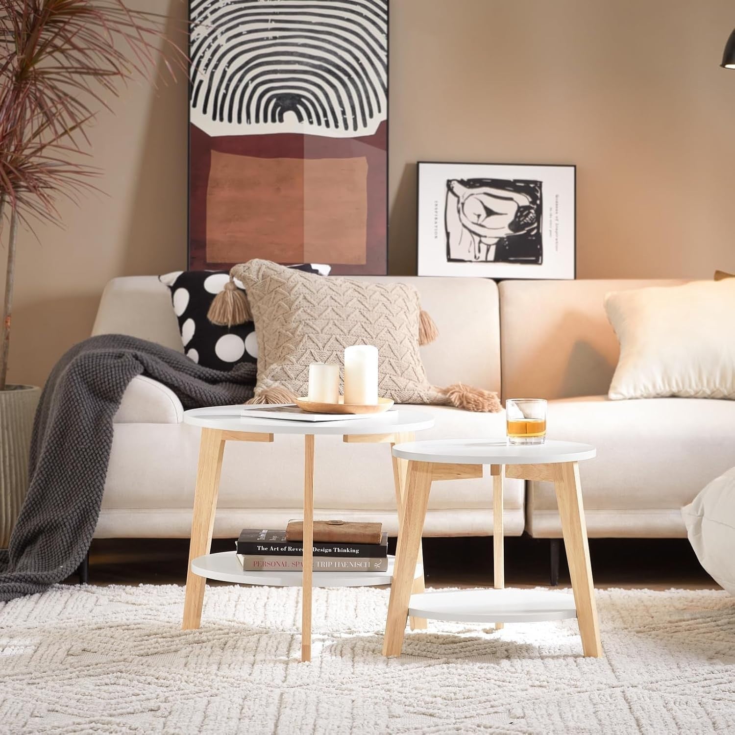 2x Nesting Round Coffee Tables Set Modern White Wood Side End Table Storage