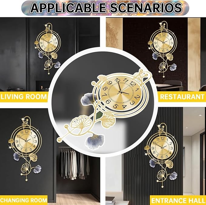 Luxury Gold Metal Wall Clock Silent Pendulum Modern Leaf Design Home Decor