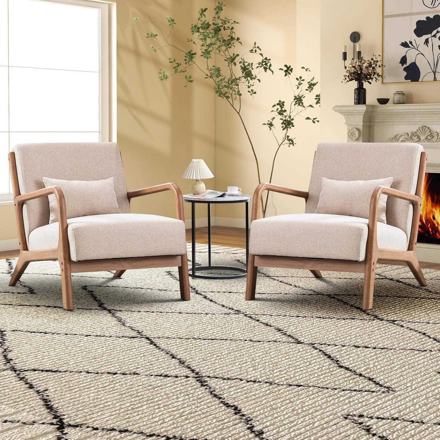 Beige Mid-Century Armchair with Lumbar Cushion | Solid Wood Lounge Chair