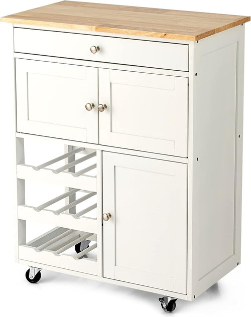 Kitchen Island Trolley White Storage Cabinet Drawer Wine Rack Rolling