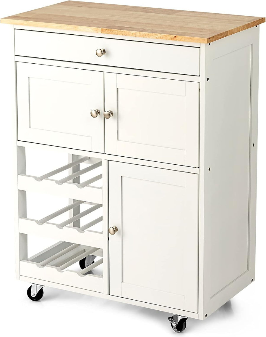Kitchen Island Trolley White Storage Cabinet Drawer Wine Rack Rolling
