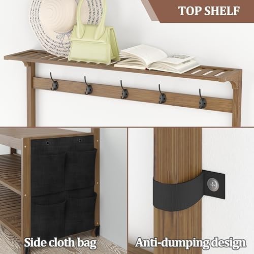 Brown Bamboo Hall Tree Coat Rack Shoe Bench with Shelves & Hooks 100x40x180cm