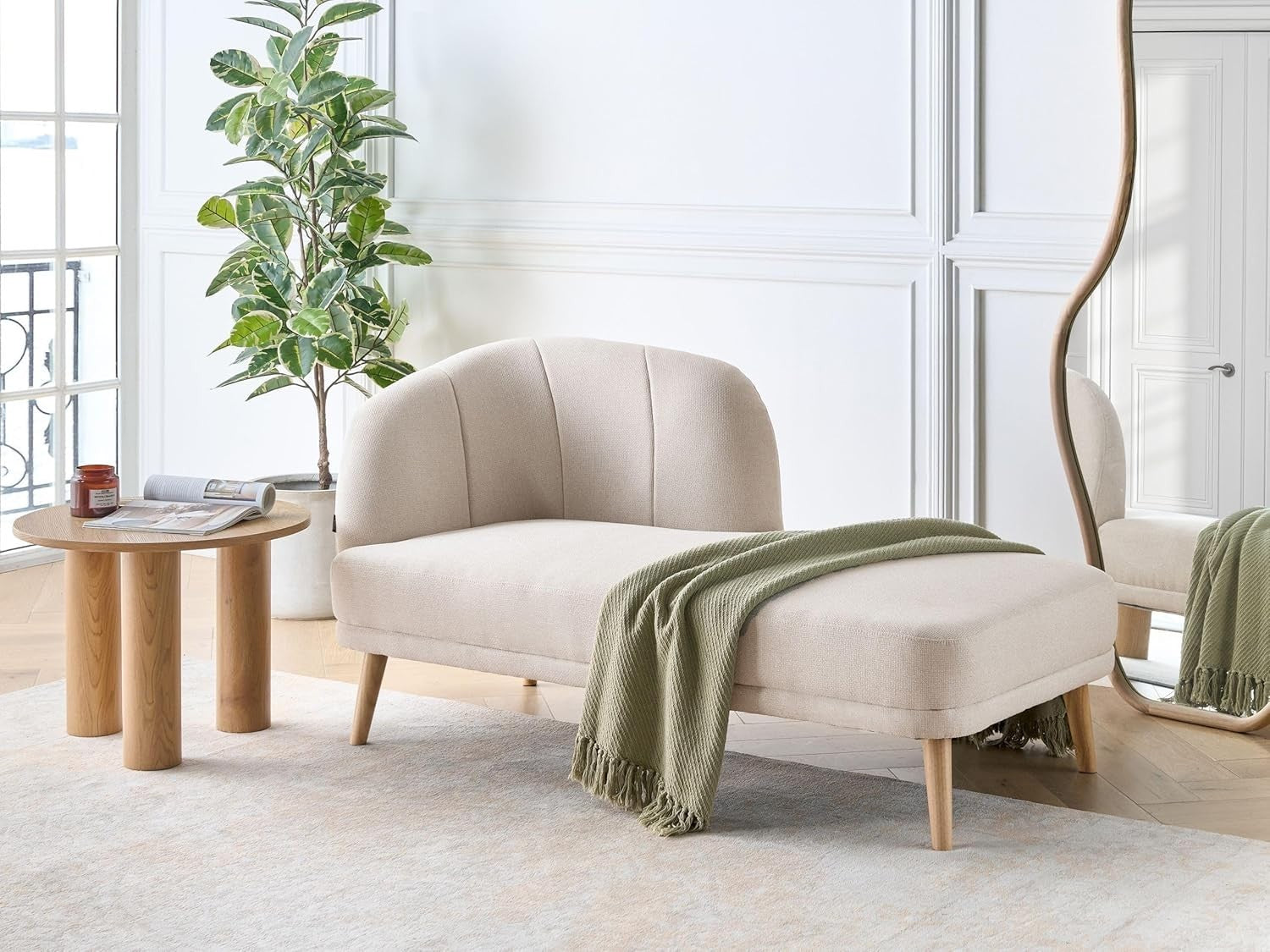 Traditional Left Hand Chaise Lounge Beige Fabric Sofa Seat for Living Room