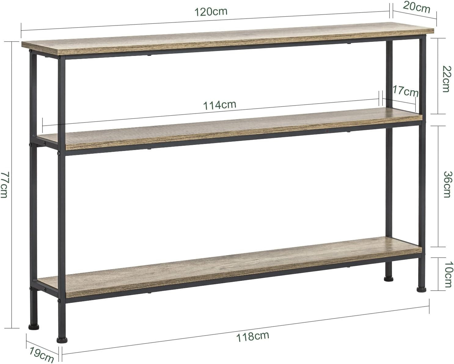 Slim 3-Tier Metal Console Table 120x20x77cm Rustic Storage Shelf
