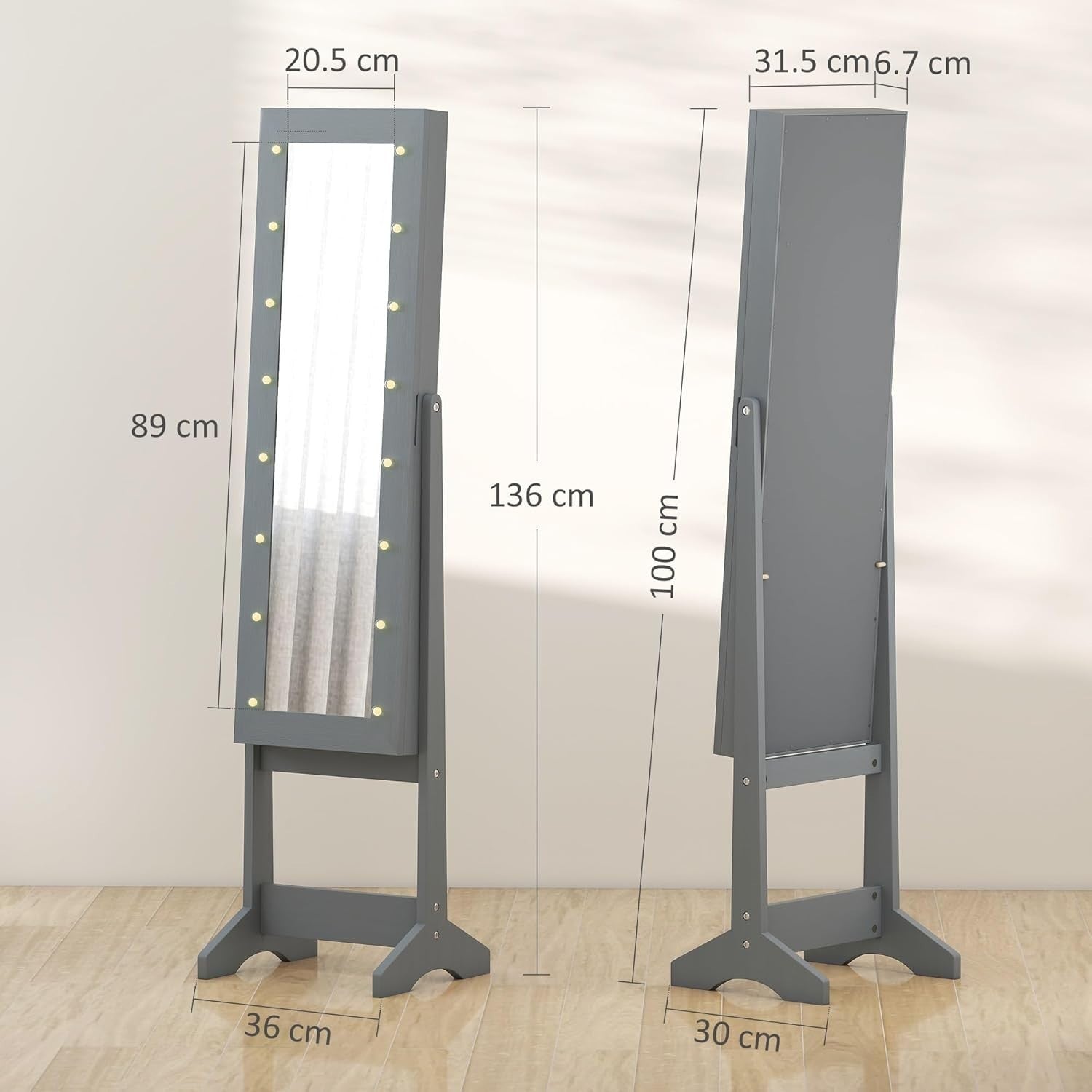 Freestanding Jewelry Cabinet Mirror Lockable LED Light Storage Organizer Gray