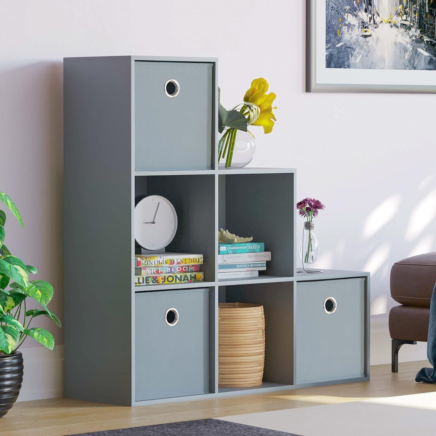 Grey 6 Cube Staircase Bookcase with 3 Fabric Baskets – Modern Storage Unit