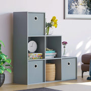 Grey 6 Cube Staircase Bookcase with 3 Fabric Baskets – Modern Storage Unit