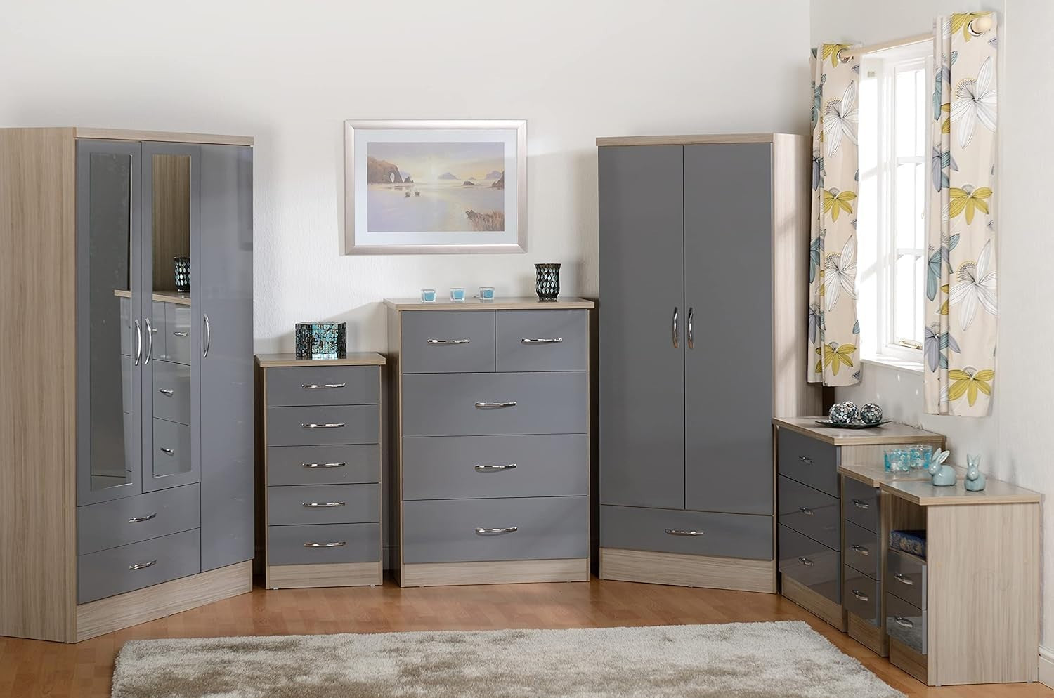 3 Drawer Grey Gloss Bedside Table – Modern Light Oak Nightstand