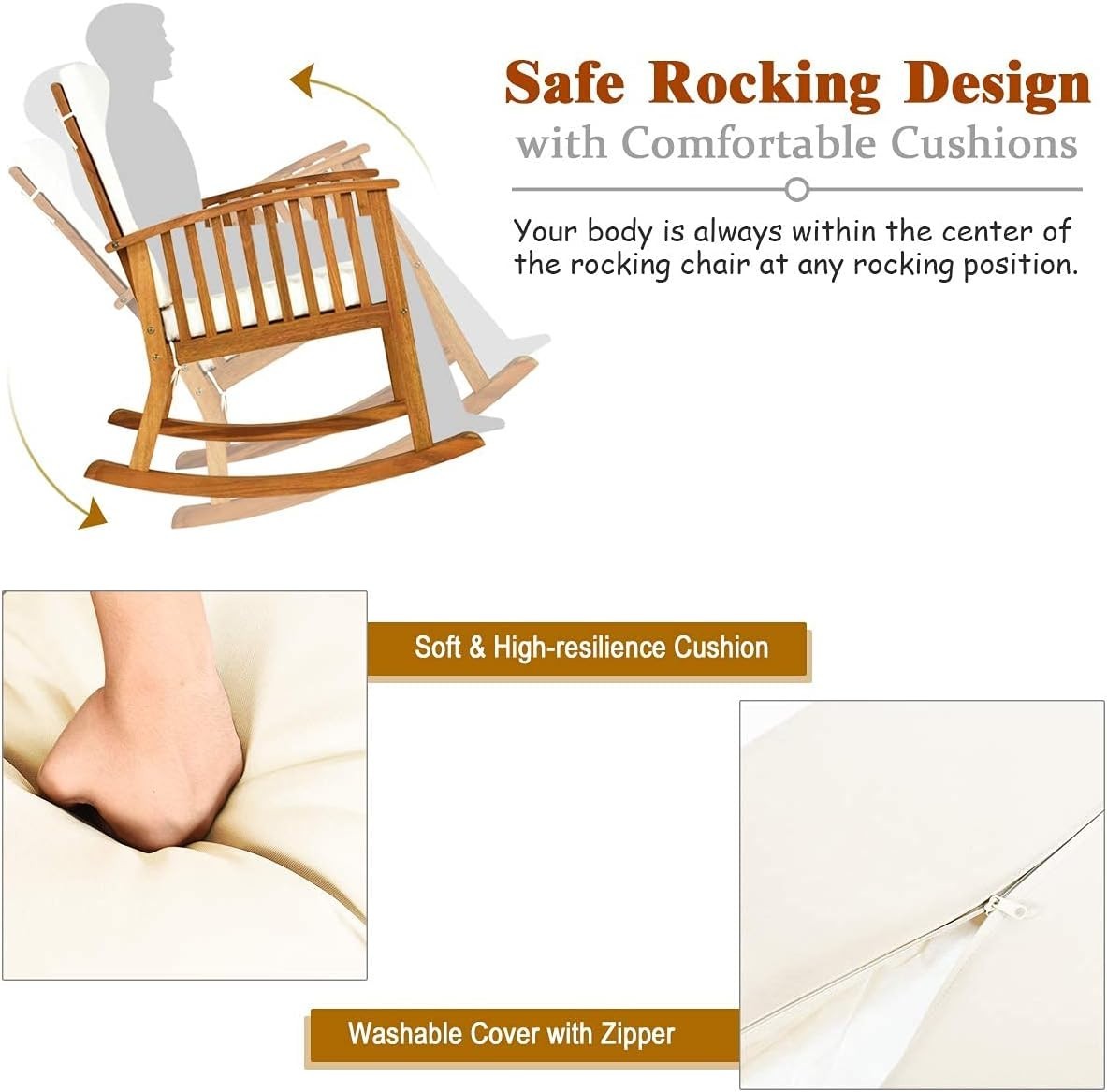 Garden Rocking Chair with Side Table, Acacia Wood, Padded Seat Outdoor Set