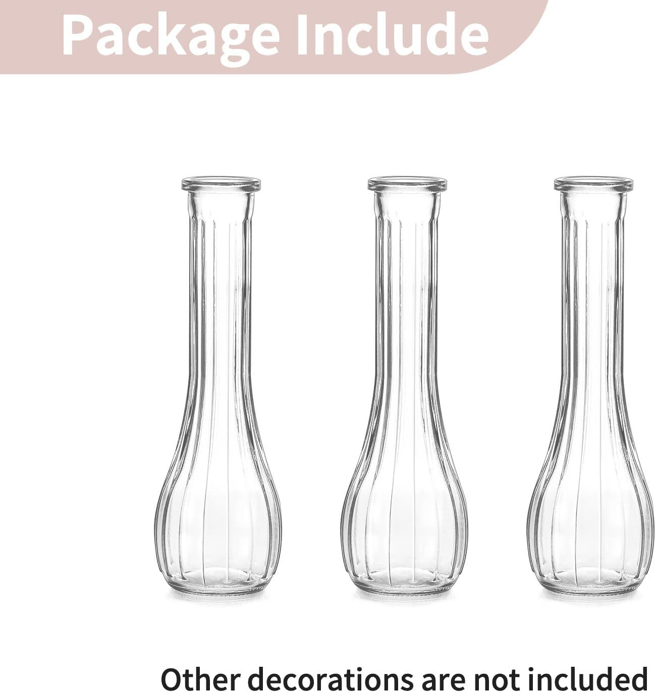 Clear Glass Bud Vase Set of 3 Tall Ribbed Flower Vases Wedding Table Decor