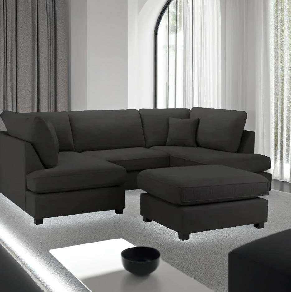 4PC U Shape Sofa with Footstool – Black Lenin Sectional – 5/6 Seater Modular