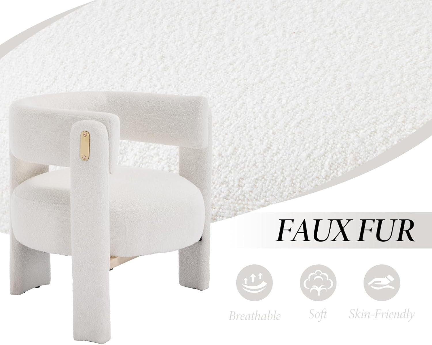 White Faux Fur Accent Armchair – Semi-Circle Modern Lounge Chair for Bedroom