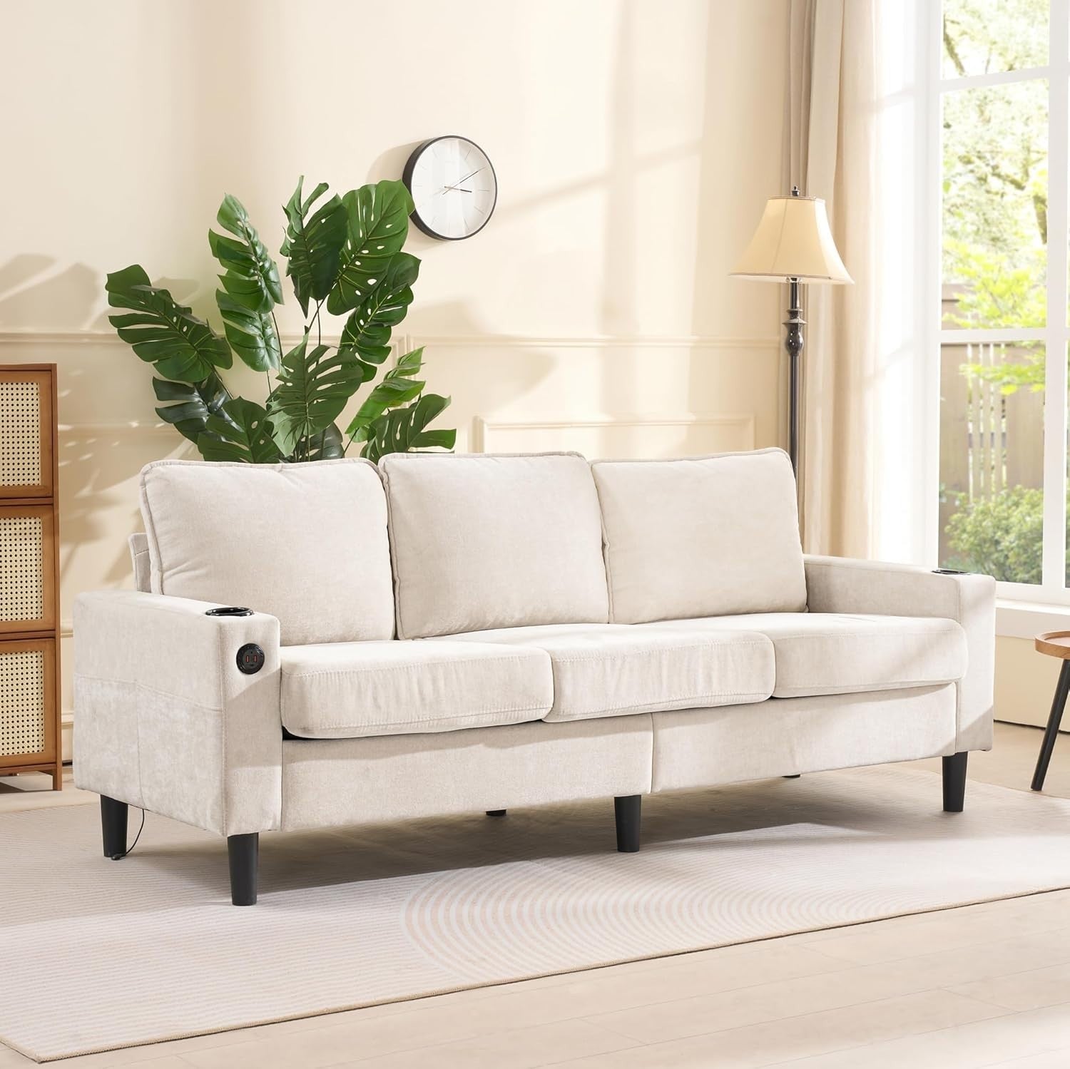 3 Seater L Shaped Sofa Bed USB Cup Holder Storage Compact Modern Beige