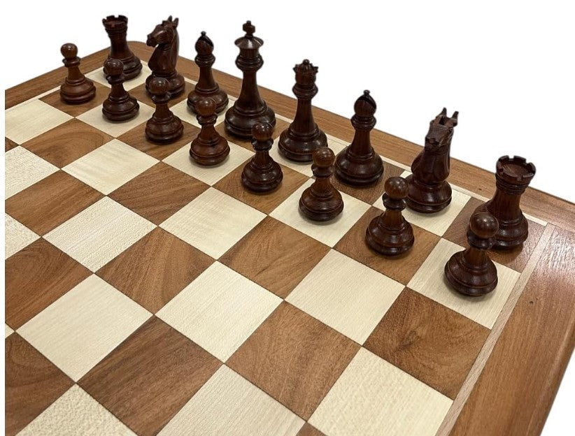 Luxury Acacia Chess Set 4" King with Velvet-Lined Storage Box & Extra Queens