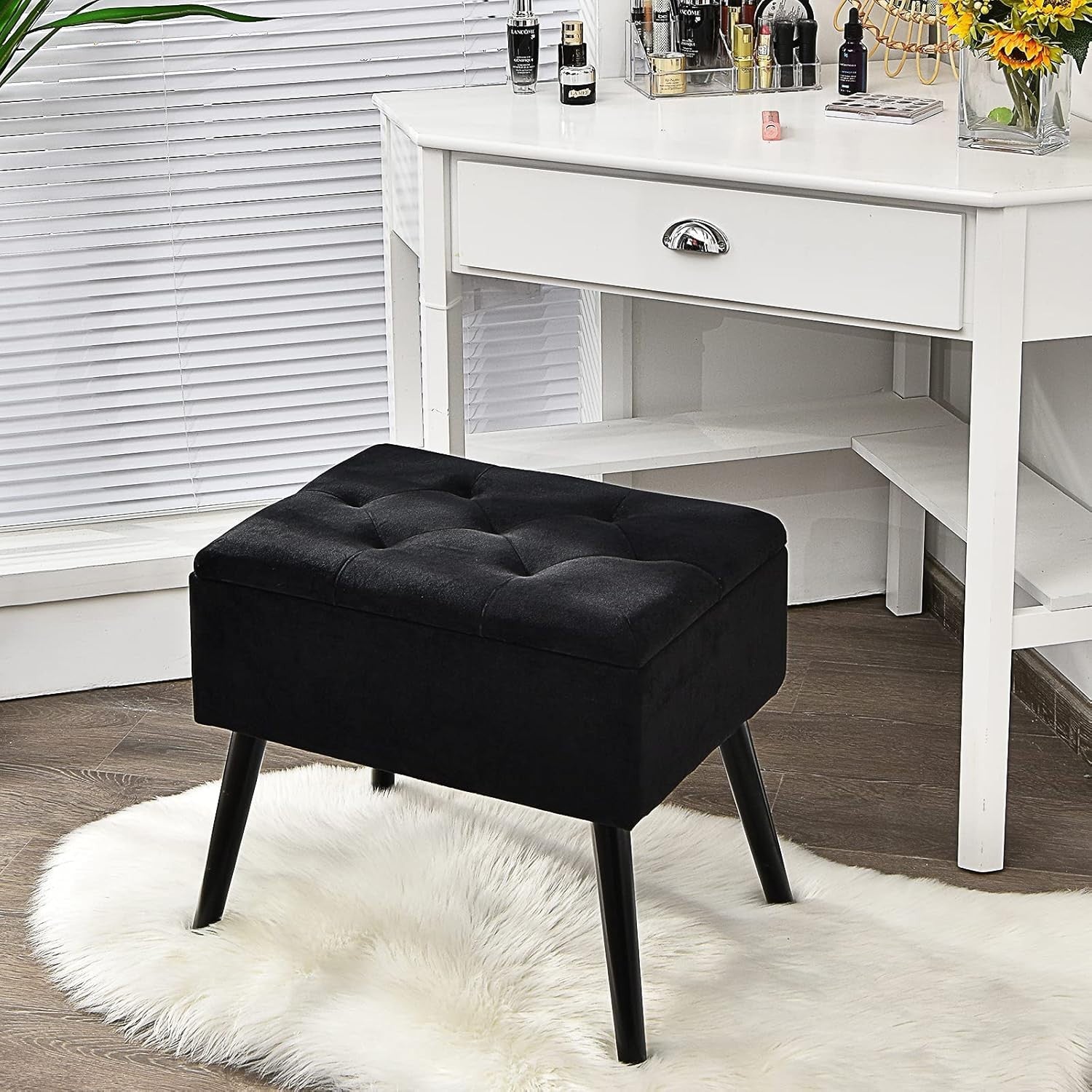 Black Velvet Flip-Top Footstool Storage Ottoman Vanity Stool with Wood Legs