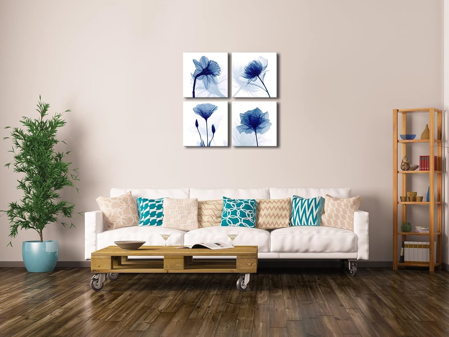 Blue Abstract Flower Canvas Wall Art Set Modern Floral Bedroom Office Decor