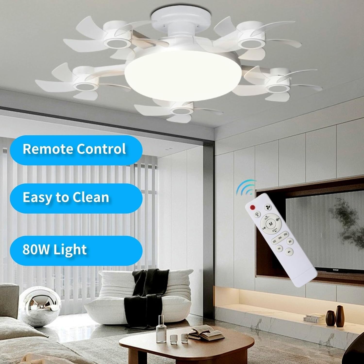 Credelin 5-Head Ceiling Fan Light, E27 Socket, 3-Speed, Remote, Dimmable