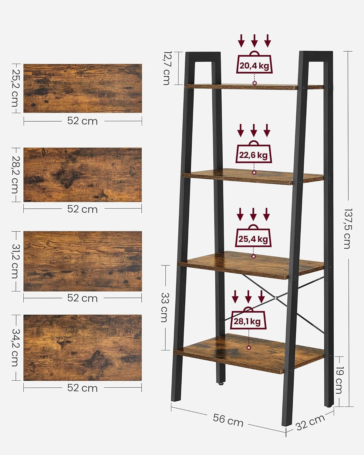 4-Tier Rustic Industrial Ladder Shelf – Brown Wood Display & Storage Unit