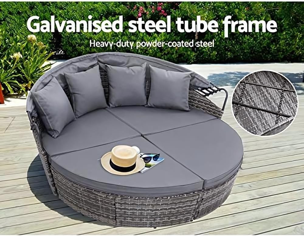 Round Rattan Daybed Sun Lounger with Canopy Garden Patio Sofa Set Cushions