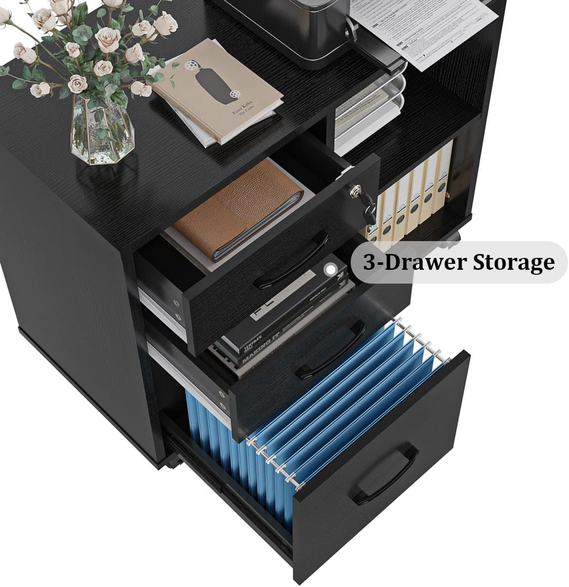 Black Lateral Mobile Filing Cabinet 3 Drawer Printer Stand Storage