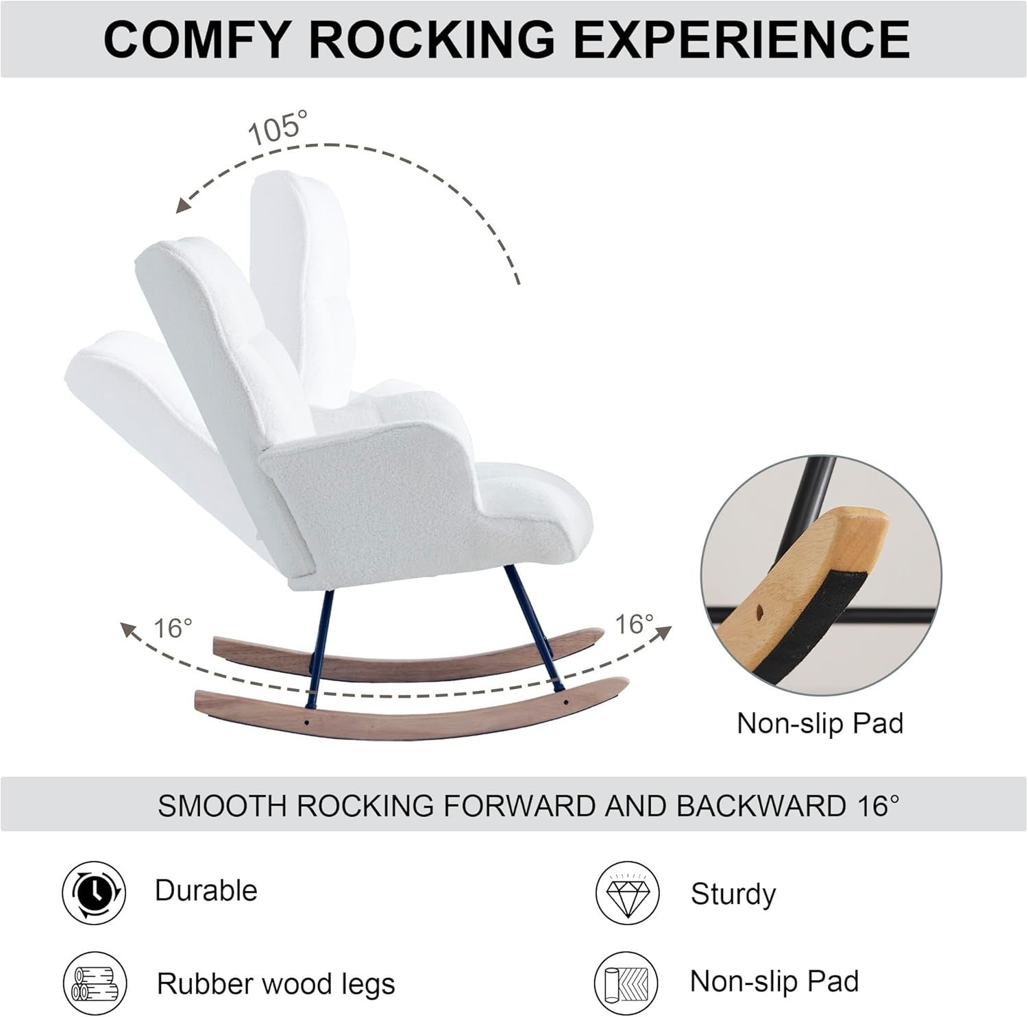Rocking Chair Nursery Glider Comfy Armchair High Back Padded Seat White Teddy