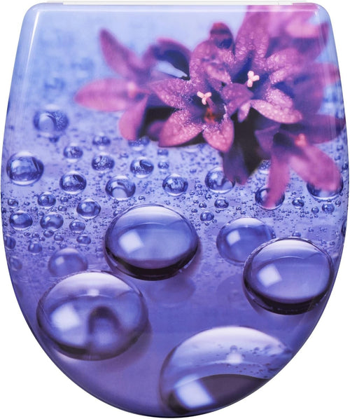 Soft Close O-Shaped Toilet Seat Quick Release Duroplast Violet Raindrops Print