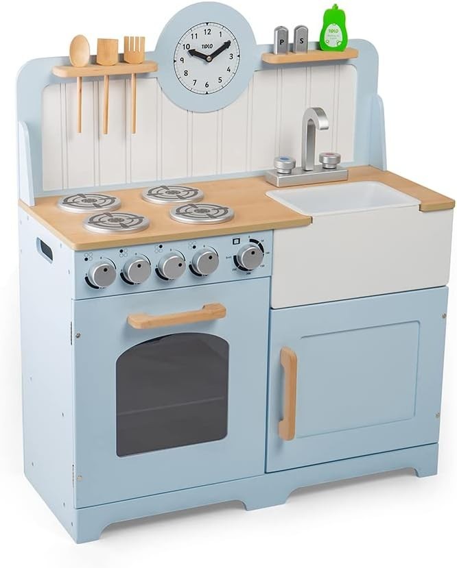 Wooden Kids Play Kitchen Blue w/ Oven Sink Utensils Country Style