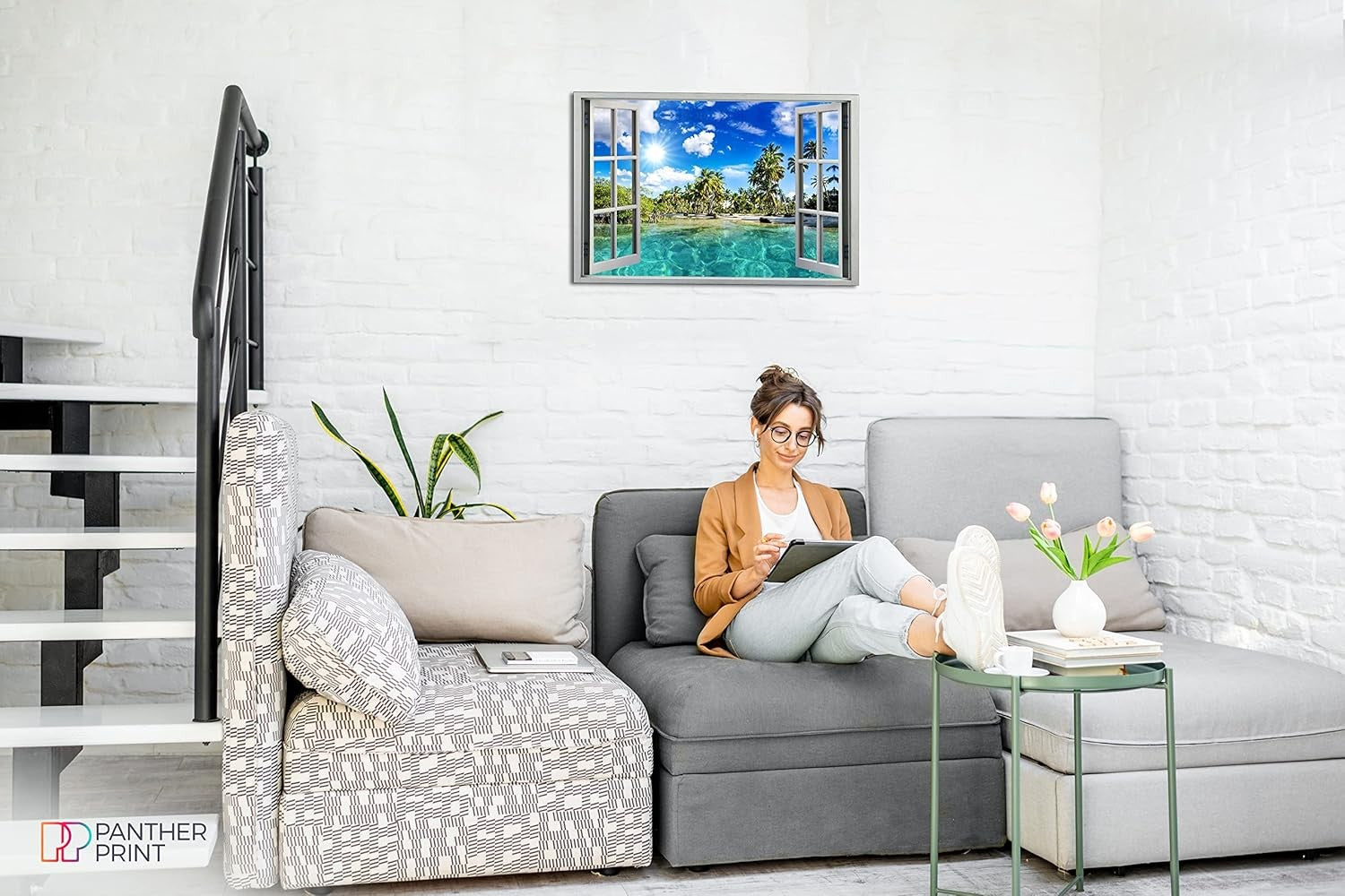 3D Window Caribbean Beach Canvas Wall Art Ocean View Living Room Decor 18x12