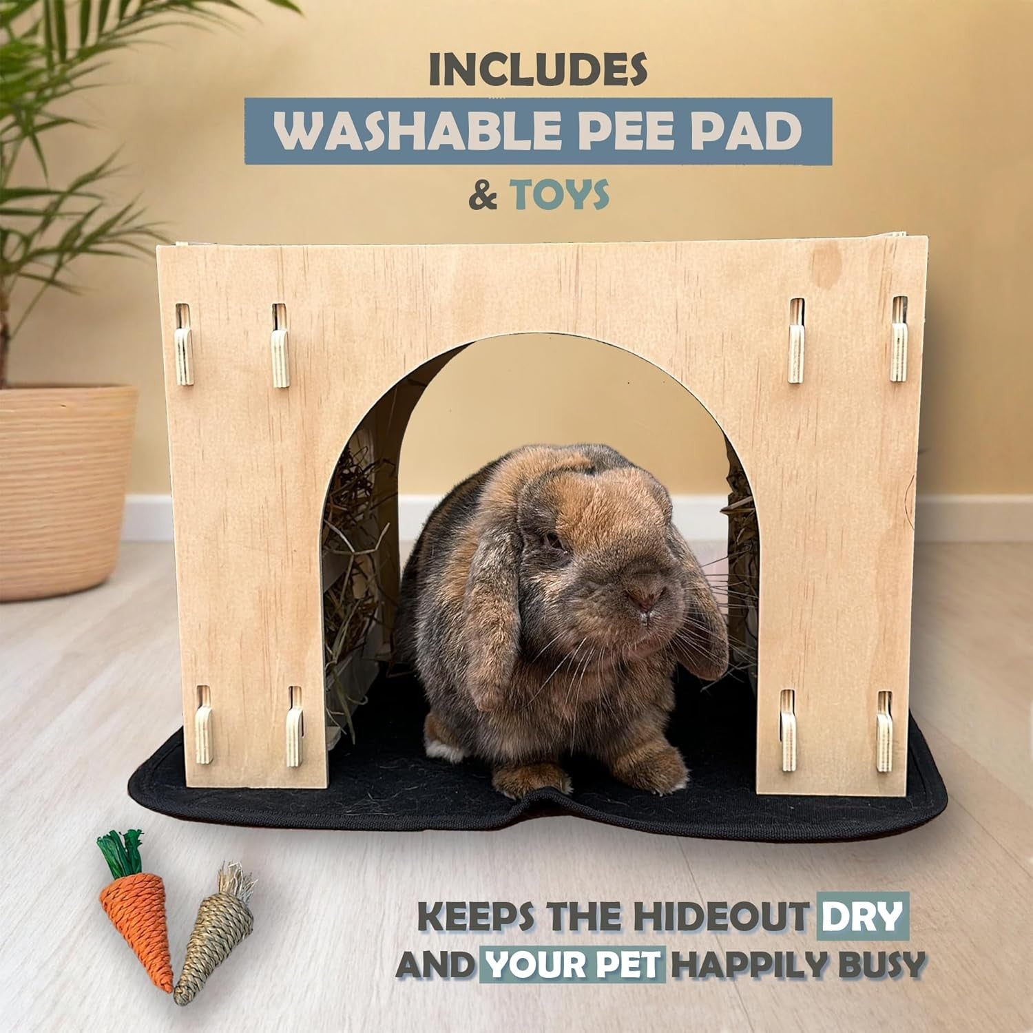Rabbit Hideout Wooden Tunnel Bed Indoor Hay Feeder Bunny Guinea Pig House