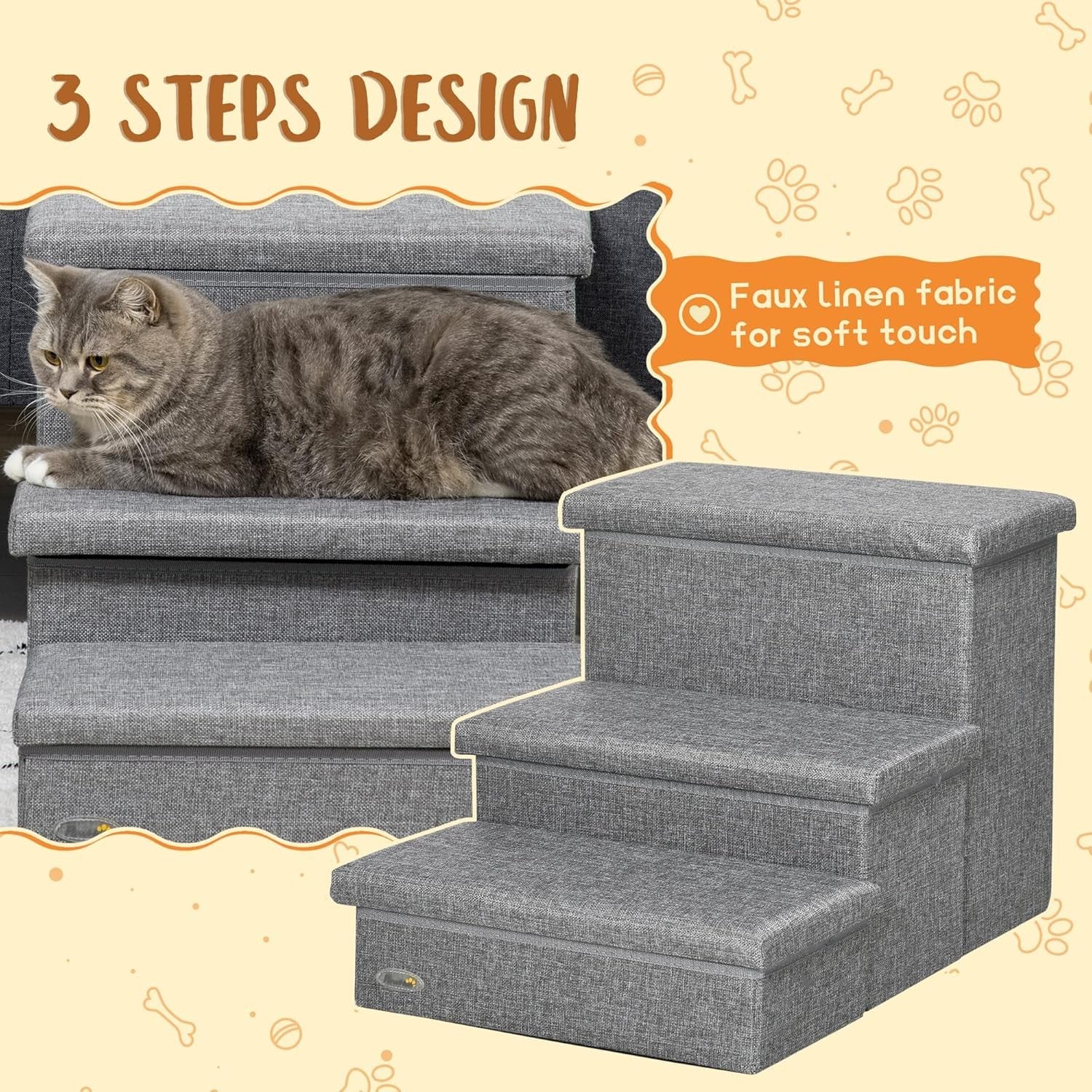 Light Grey 3 Step Dog Stairs with Storage Boxes Pet Steps 63.5cm