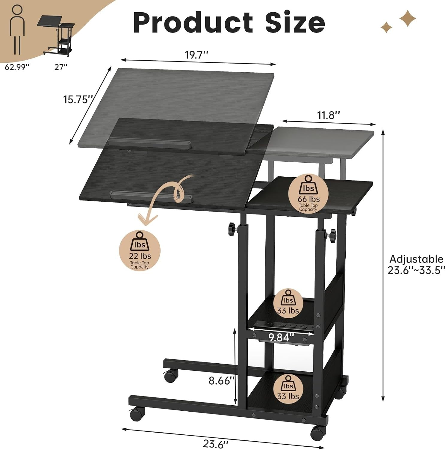 Adjustable Overbed Laptop Desk with Charging Station Wheels Storage Shelf