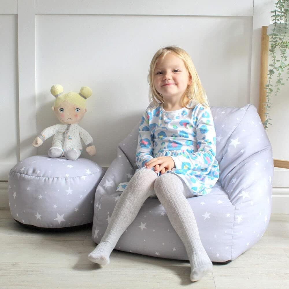 Kids Star Bean Bag Chair & Footstool Set - Grey Toddler Armchair Filled
