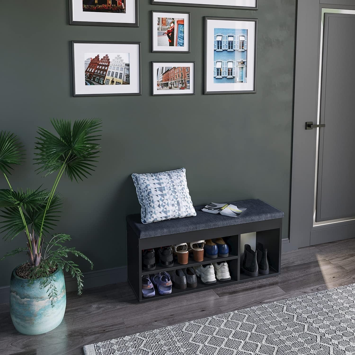 Black Shoe Storage Bench with Cushion Hidden Compartment Entryway Seating