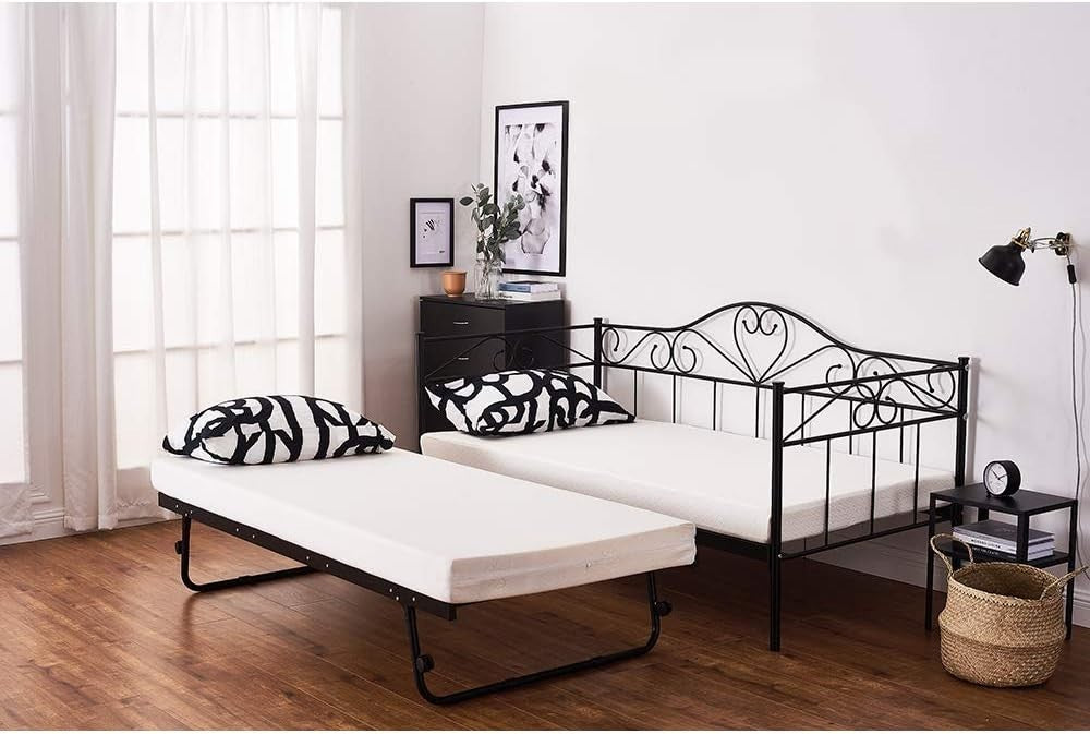 Metal Day Bed with Pull Out Trundle Frame Guest Sofa Bed Black 3FT Single