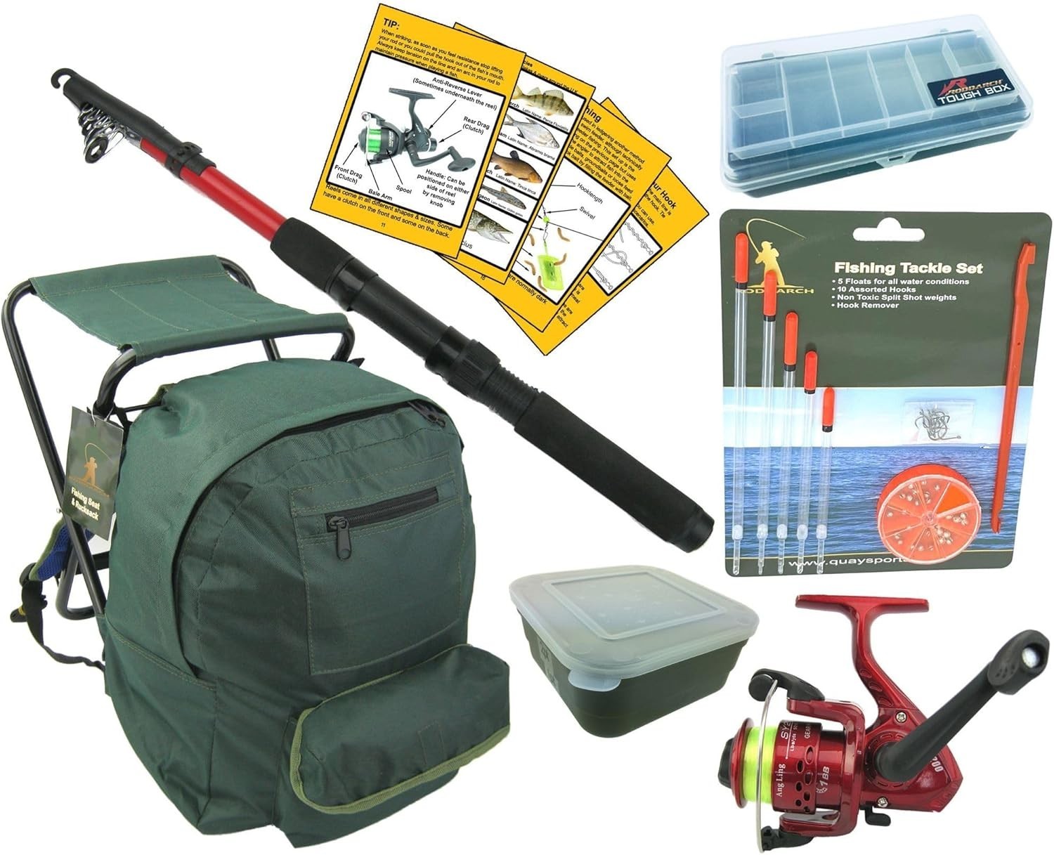 Junior Beginners Fishing Kit Set Rod Reel Tackle Stool Rucksack Bait Box