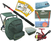 Junior Beginners Fishing Kit Set Rod Reel Tackle Stool Rucksack Bait Box