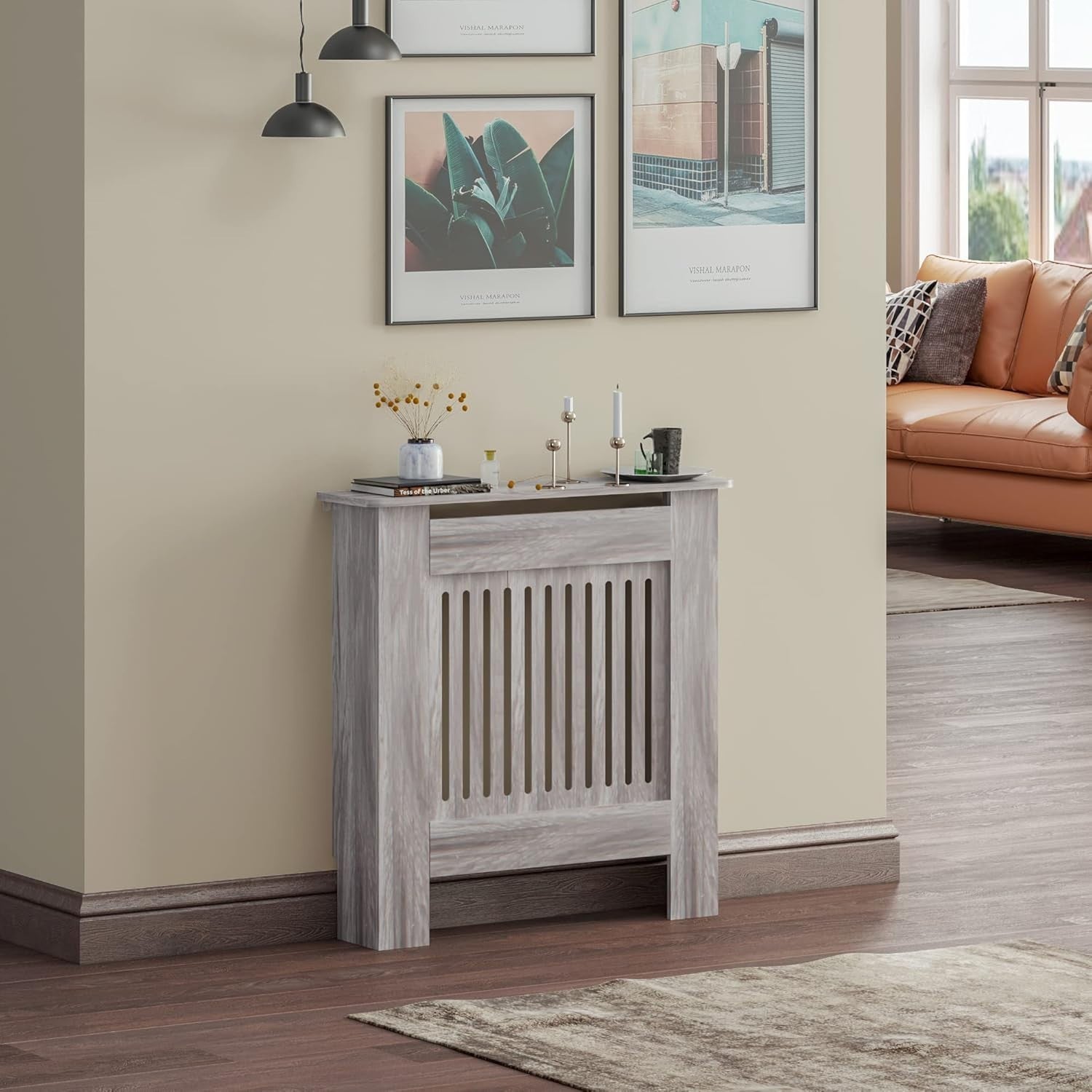 Small Grey Radiator Cover | Modern MDF Vertical Slatted Cabinet