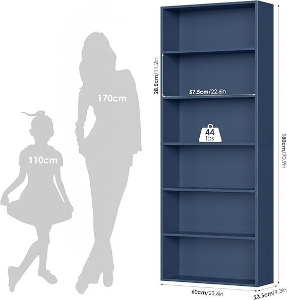 6-Tier Tall Bookshelf Blue Modern Display Storage Unit for Living Room Home