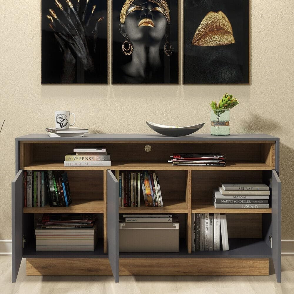 Modern Grey & Oak Sideboard Cabinet 3 Doors Adjustable Shelf Storage Unit