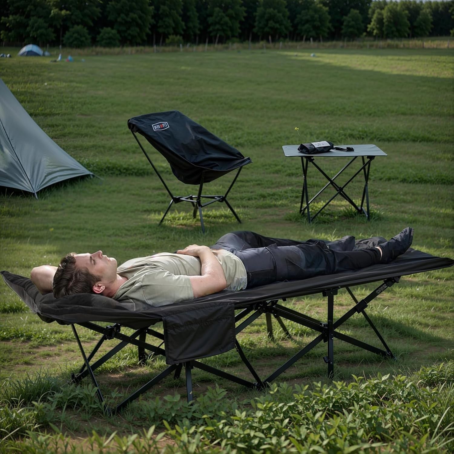 Extra Wide Folding Camping Bed with Cushion & Pillow - Portable Outdoor Cot