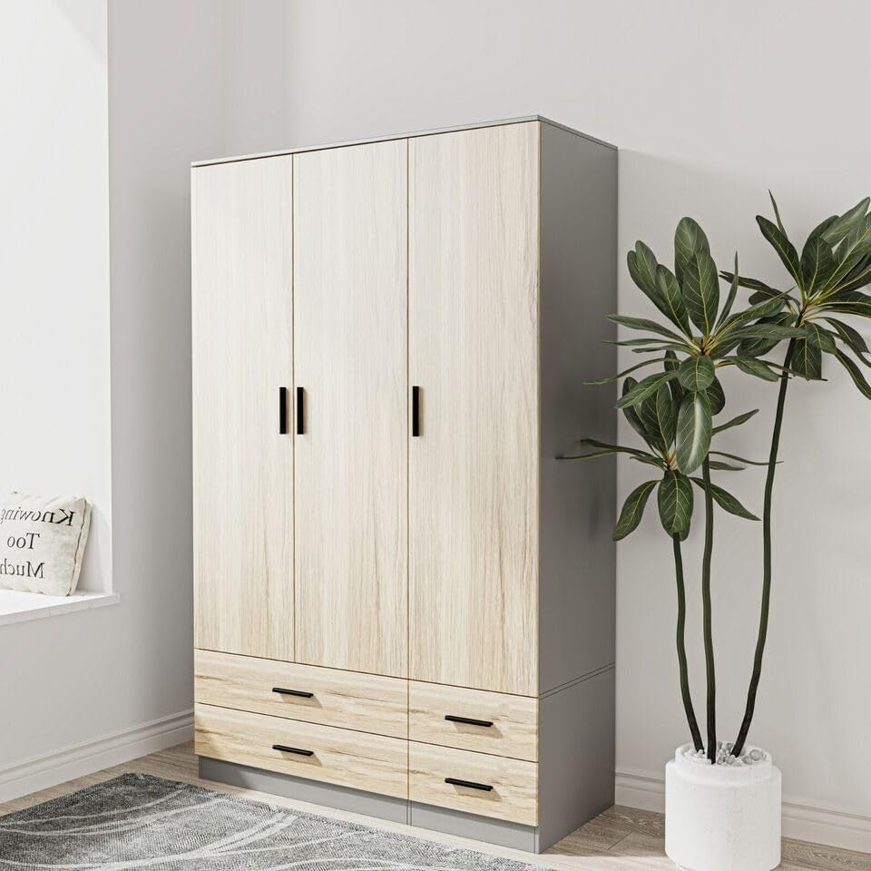 3 Door Wardrobe Grey Oak 4 Drawer Storage Hanging Rail Bedroom Cupboard