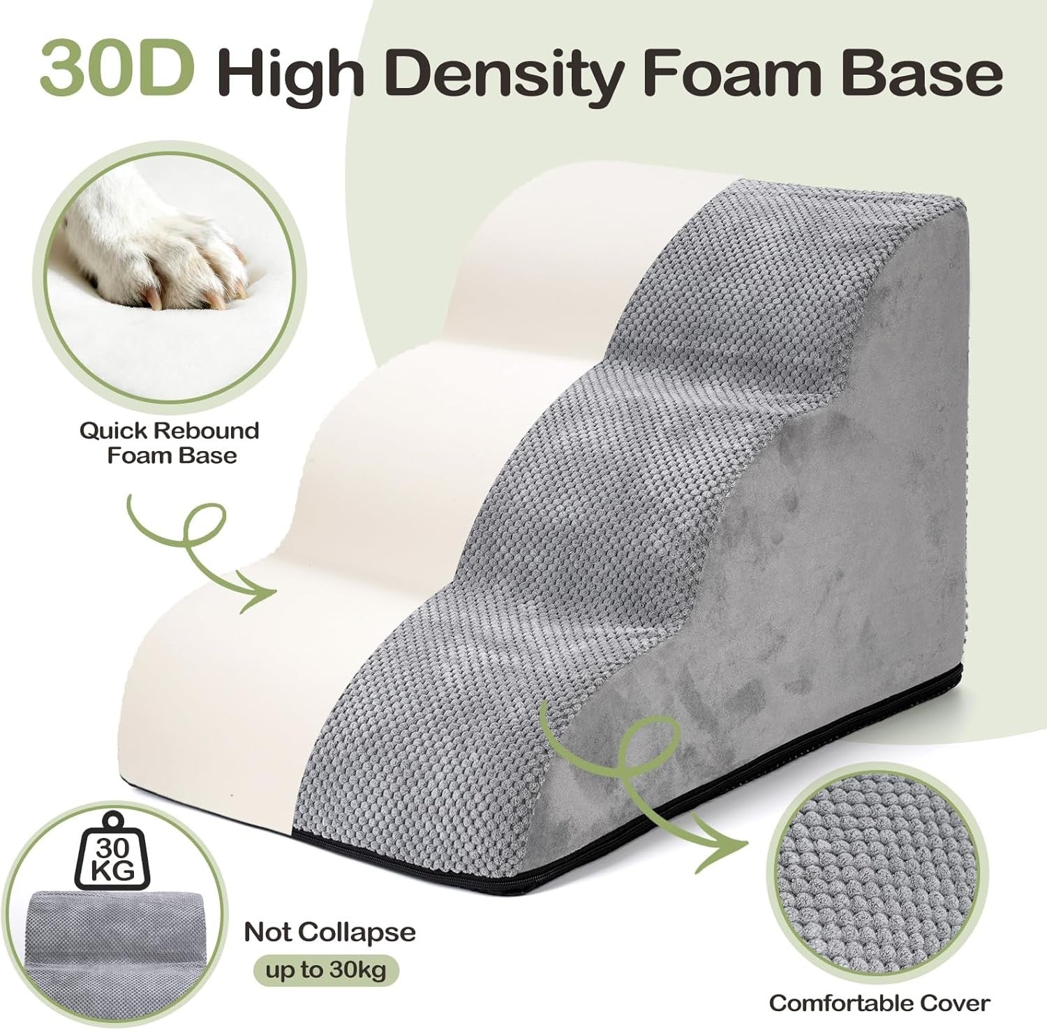 Grey 3 Step Dog Stairs Waterproof Foam Pet Ramp 60x40x40cm