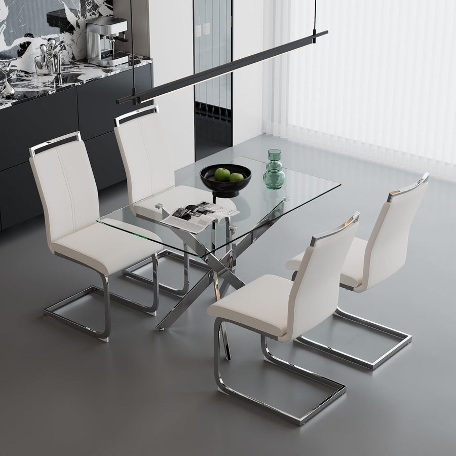 Rectangular Tempered Glass Dining Table Set with 4 Ergonomic PVC Chairs