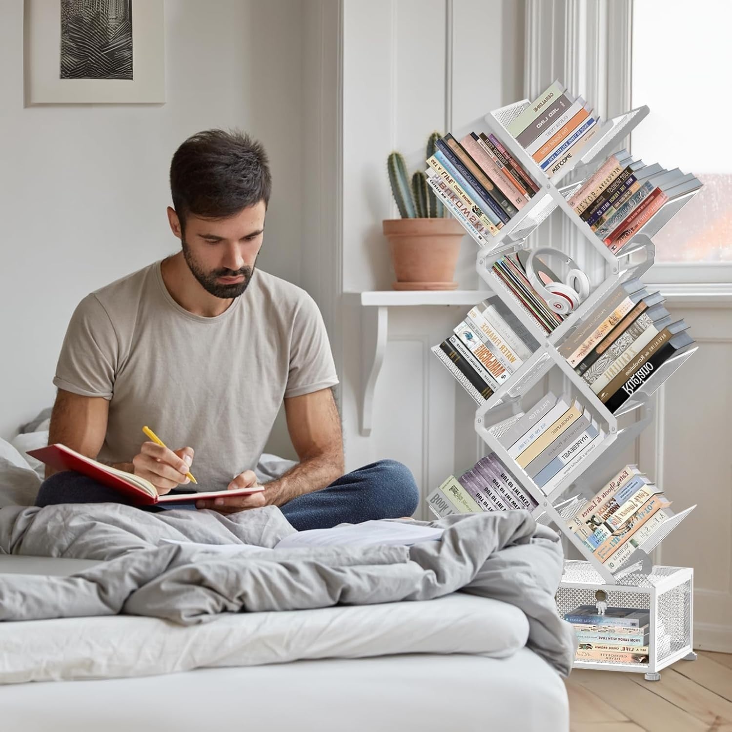 9 Tier Folding Tree Bookcase Metal Corner Bookshelf Free Standing White