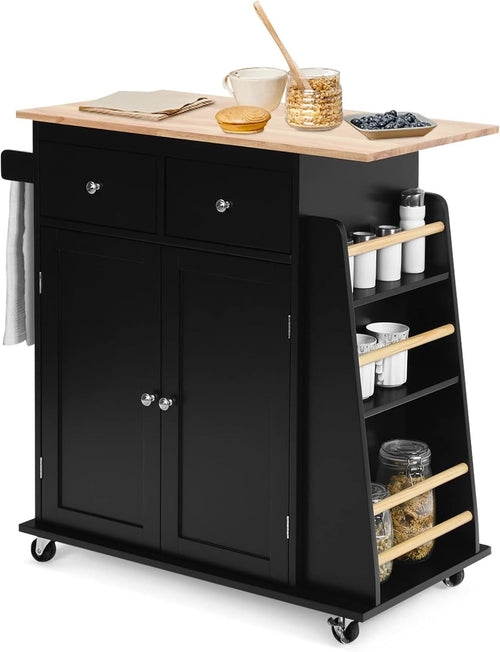 Mobile Kitchen Island Cart with Rubber Wood Countertop, Lockable Wheels Black