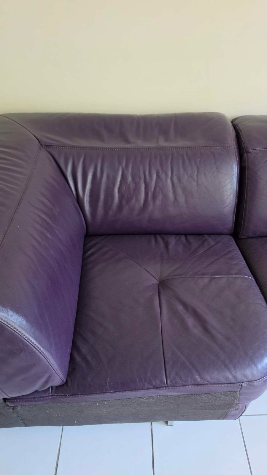 Large Purple Leather Corner Sofa + Footstool (PTP)